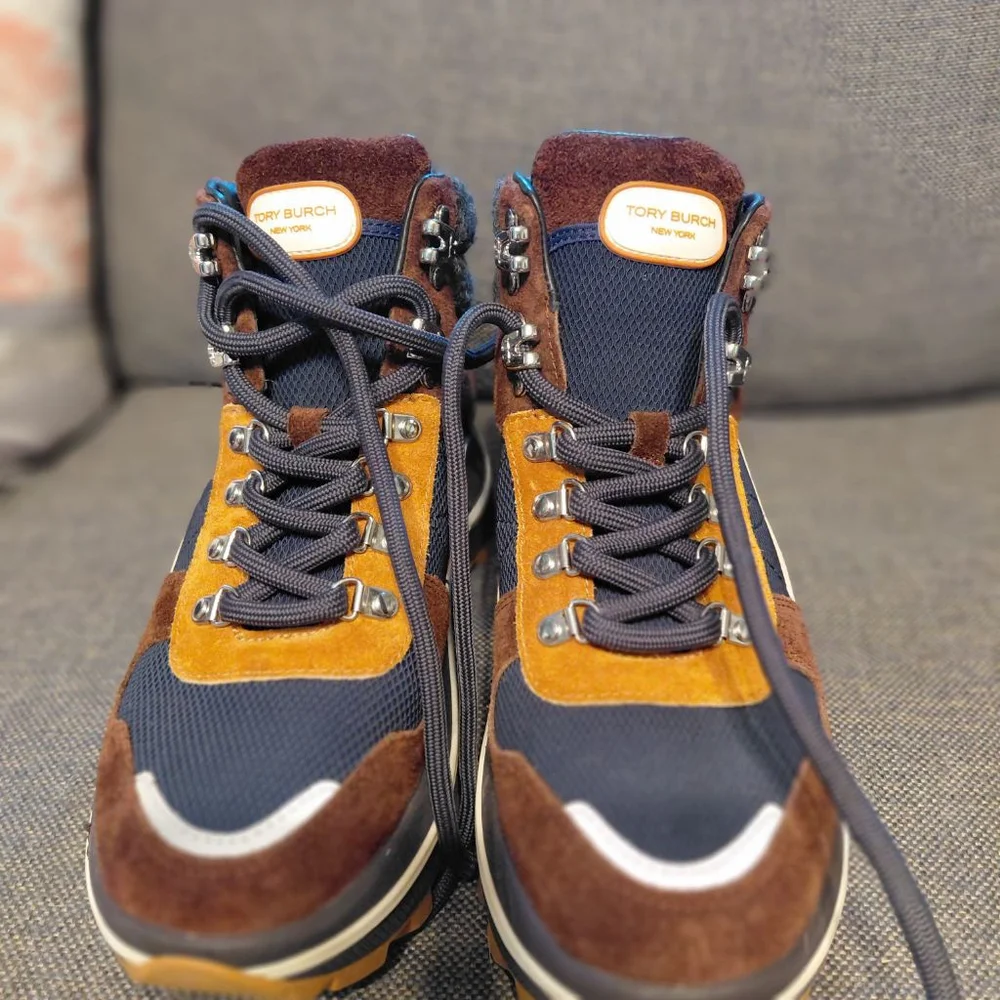 Women's Tory Burch Winter & Rain Boots 8.5 Brown Navy Hiking Style